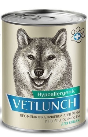 Консервы для собак VetLunch Hypoallergenic 340гр профилактика пищевой аллергии